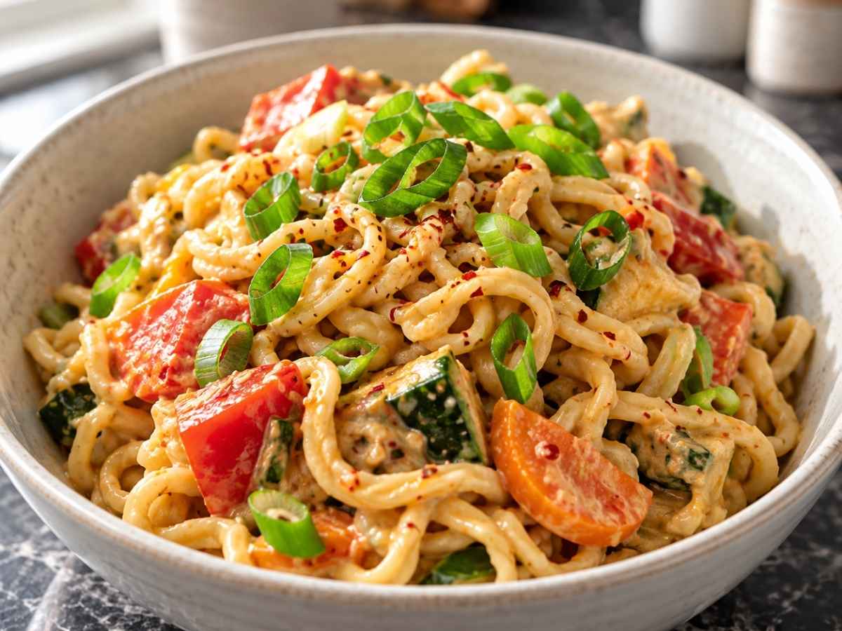 Nahaufnahme von Asia-Nudeln mit Gemüse, Mie-Nudeln mit cremiger Erdnuss-Kokos-Soße, Paprika und Frühlingszwiebelringen