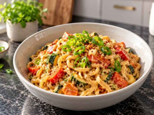 Asia-Nudeln mit Gemüse in Erdnusssoße in einer großen Schüssel mit Frühlingszwiebeln und Chiliflocken auf dem Küchentisch