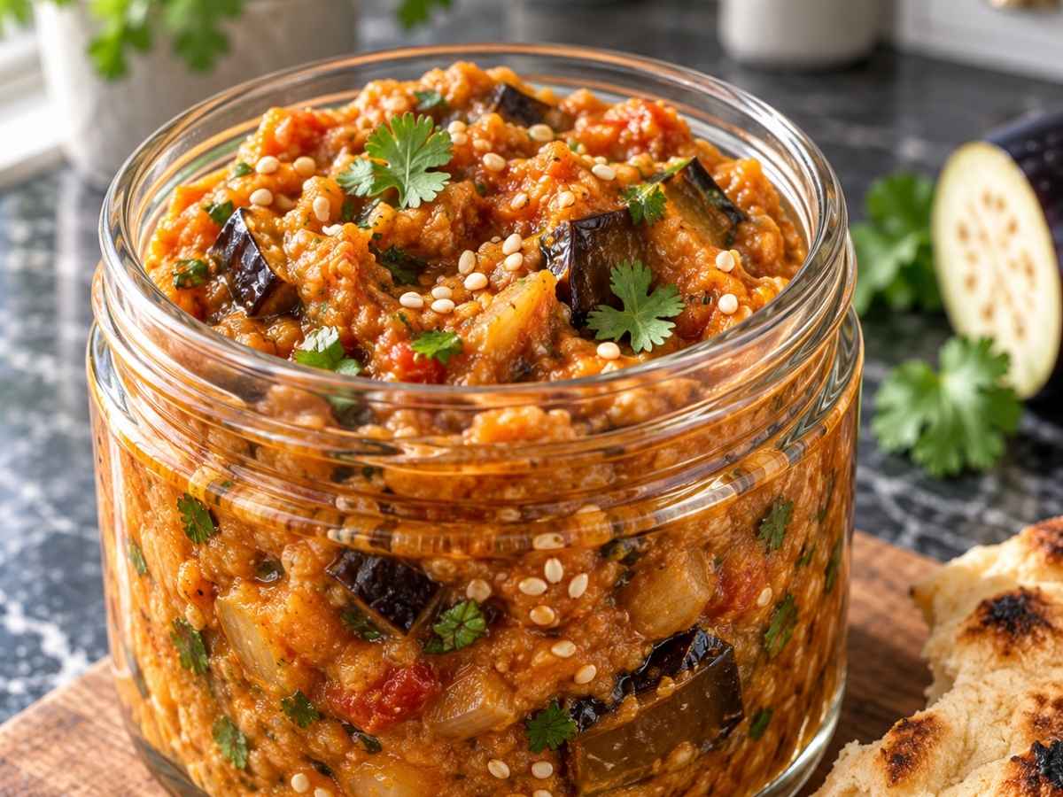 Nahaufnahme vom cremigen Auberginen-Curry-Dip mit goldbraunen Auberginenwürfeln, hellem und schwarzem Sesam und frischem Koriander