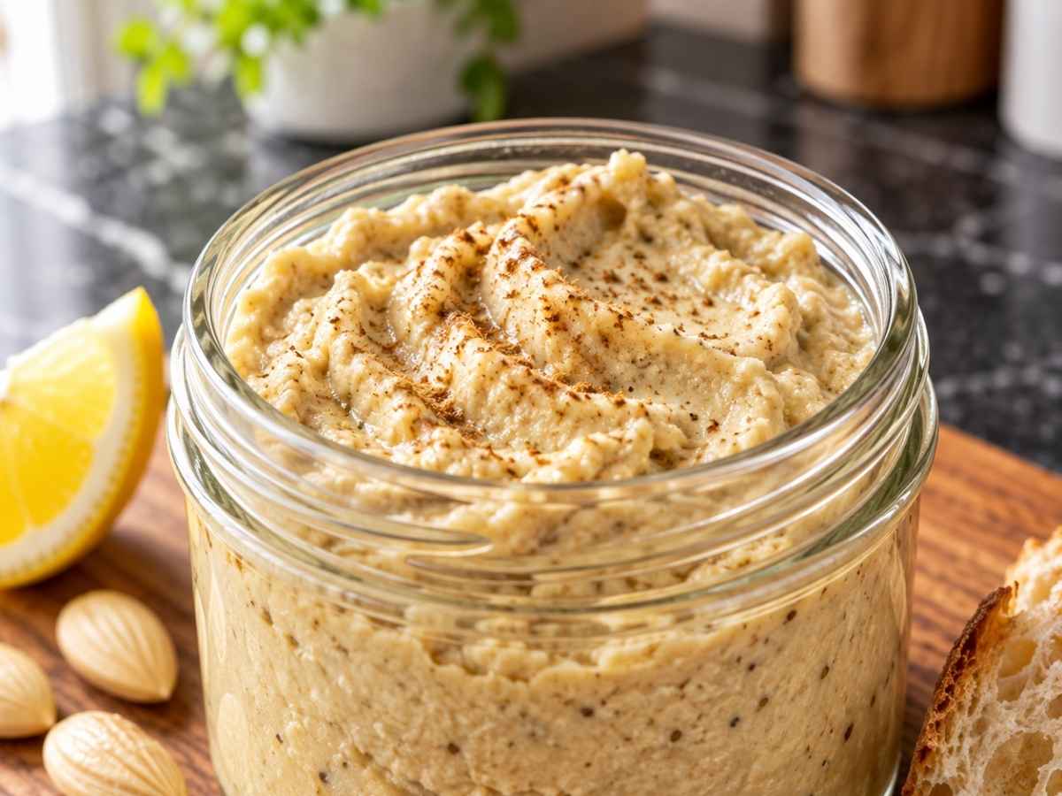 Nahaufnahme der cremigen Textur von Auberginen-Mandel-Dip mit Kreuzkümmel