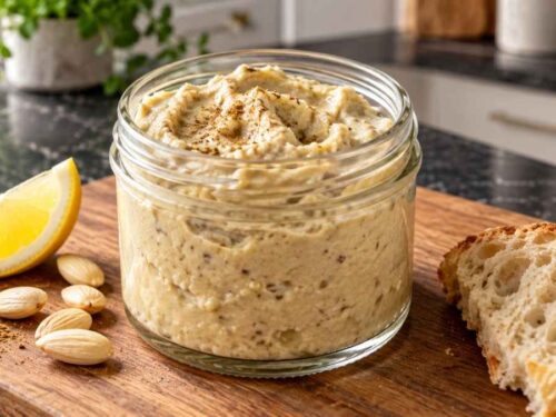 Auberginen-Mandel-Dip Auberginen-Mandel-Dip cremig angerichtet in einer Servierschale mit Kreuzkümmel bestreut