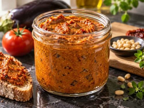 Cremiges Auberginen-Tomaten-Pesto in einem Schraubglas neben einer Portion Nudeln