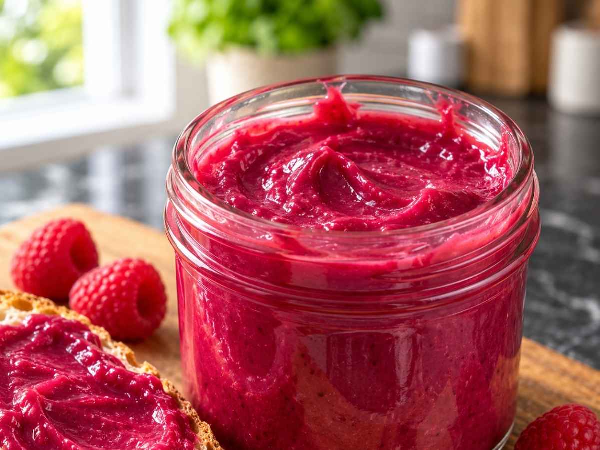 Aufstrich aus Himbeeren und weißer Schokolade 2 Cremiger Aufstrich aus Himbeeren und weißer Schokolade auf einer Brotscheibe