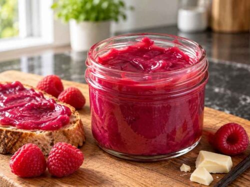 Aufstrich aus Himbeeren und weißer Schokolade in Schraubgläsern auf dem Frühstückstisch