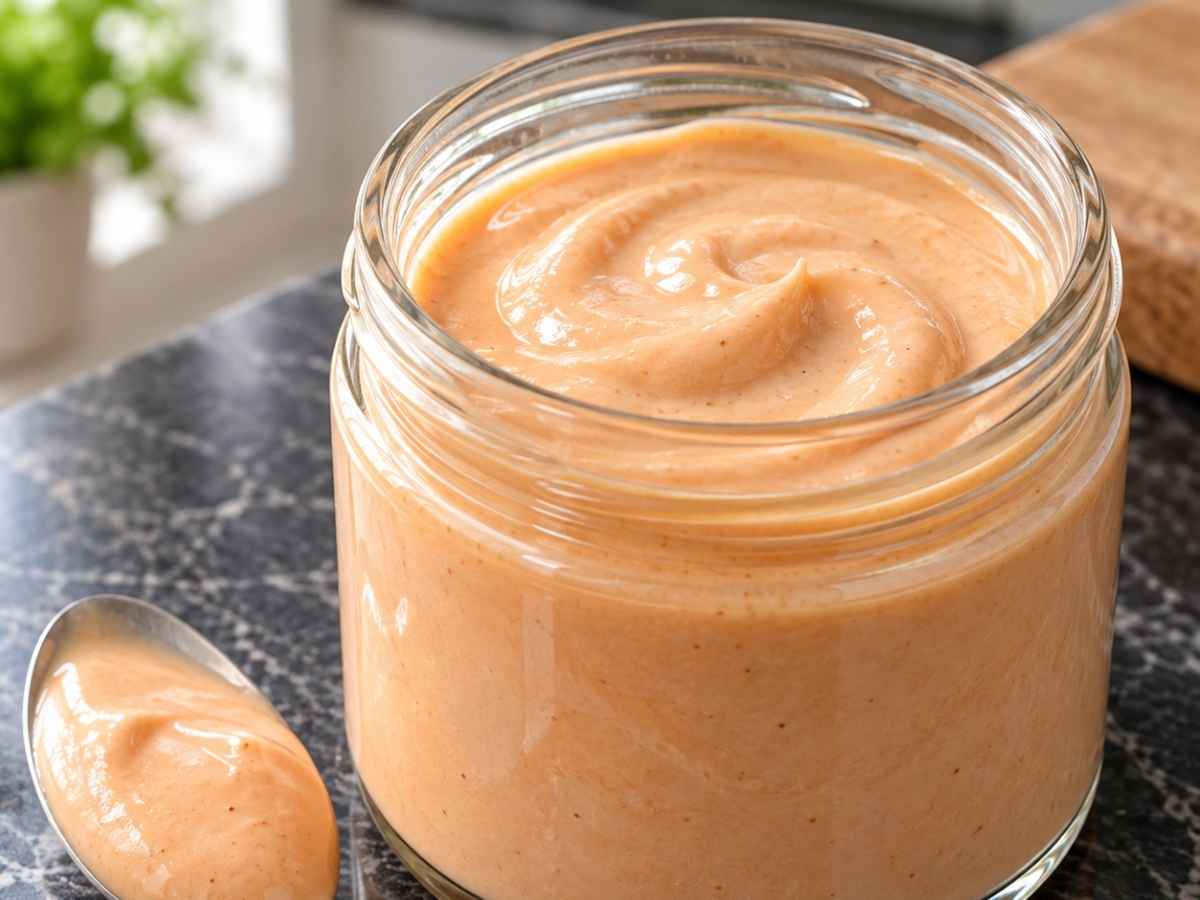 Nahaufnahme von cremiger Aurora Sauce mit Tomatenmark, die vom Löffel läuft