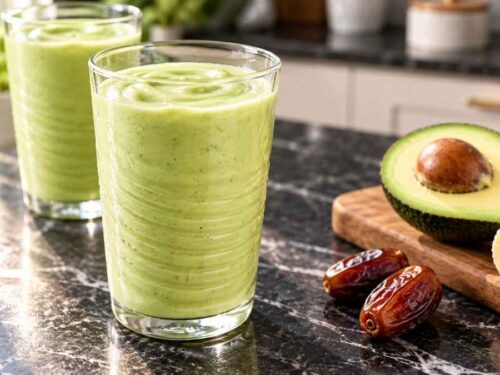 Avocado-Dattel-Shake in zwei Gläsern, cremiger Frühstücksshake