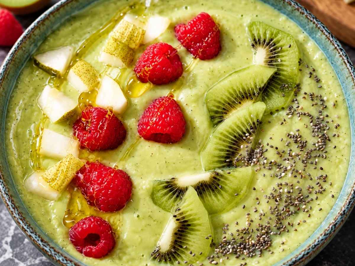 Nahaufnahme einer cremigen Avocado-Kiwi-Bowl mit Kiwischeiben und Chiasamen