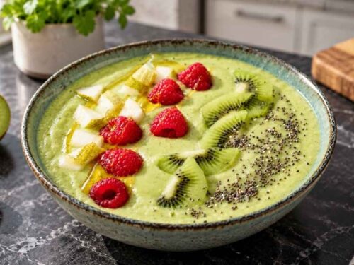 Avocado-Kiwi-Bowl in zwei Schalen, mit Himbeeren und Chiasamen garniert