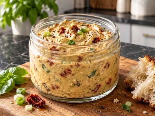 Avocado-Tomaten-Dip mit Frischkäse in einer Schale, daneben Baguette, Gurken- und Paprikasticks auf dem Tisch
