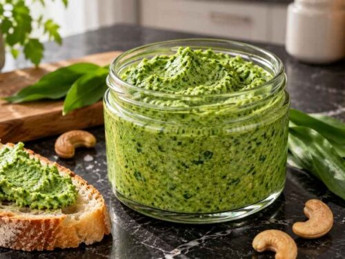 Veganer Bärlauch-Dip mit gerösteten Cashews in einer Glasschale, umgeben von frischem Bärlauch