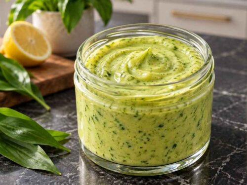 Bärlauch-Hollandaise Cremige Bärlauch-Hollandaise in einer Schüssel neben gedünstetem grünem Spargel