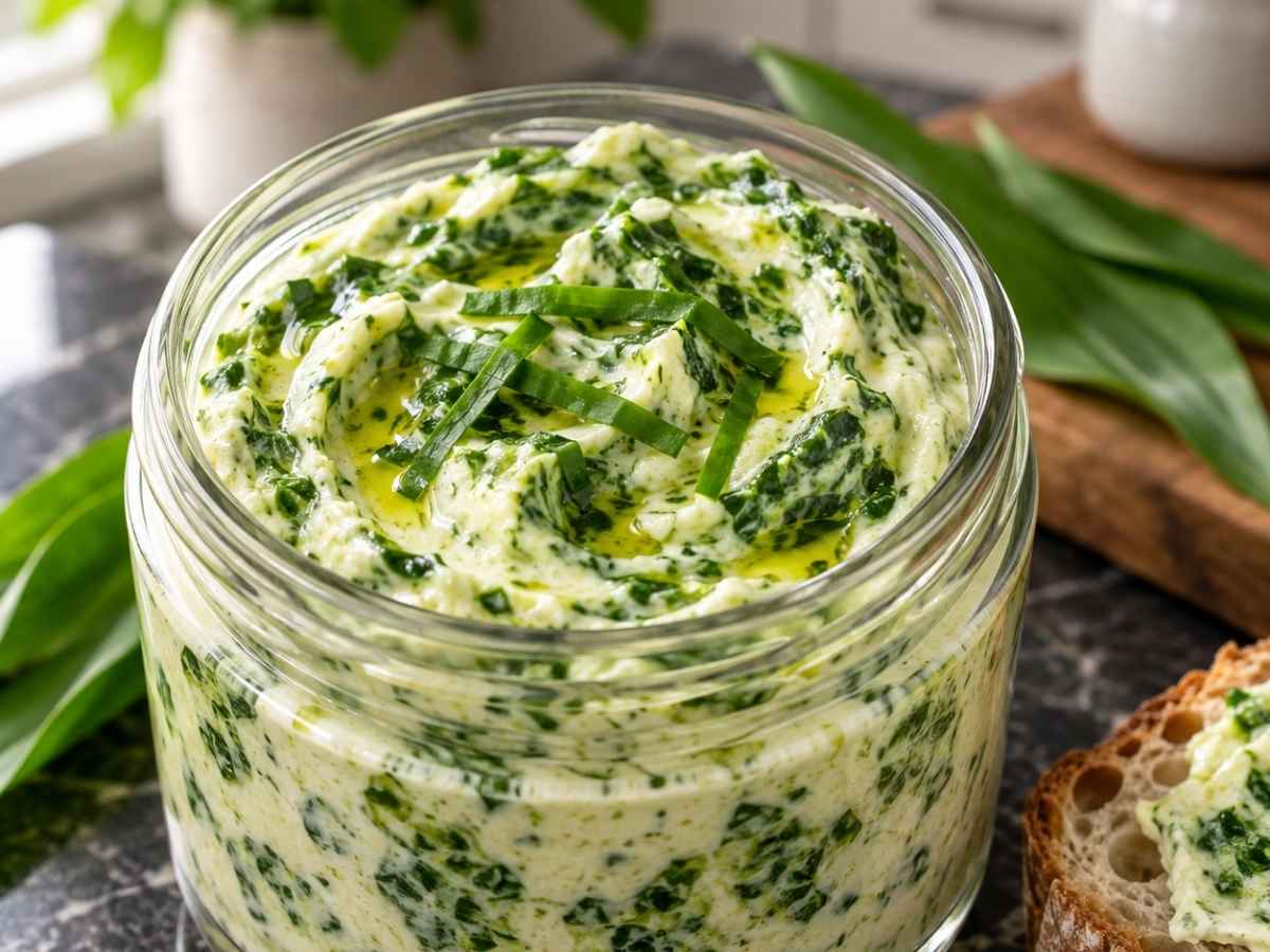 Nahaufnahme von cremigem Bärlauch-Leinölaufstrich auf Bauernbrot