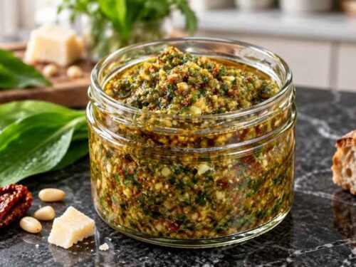 Cremiges Bärlauch-Tomaten-Pesto in einer Schüssel, serviert mit Spaghetti