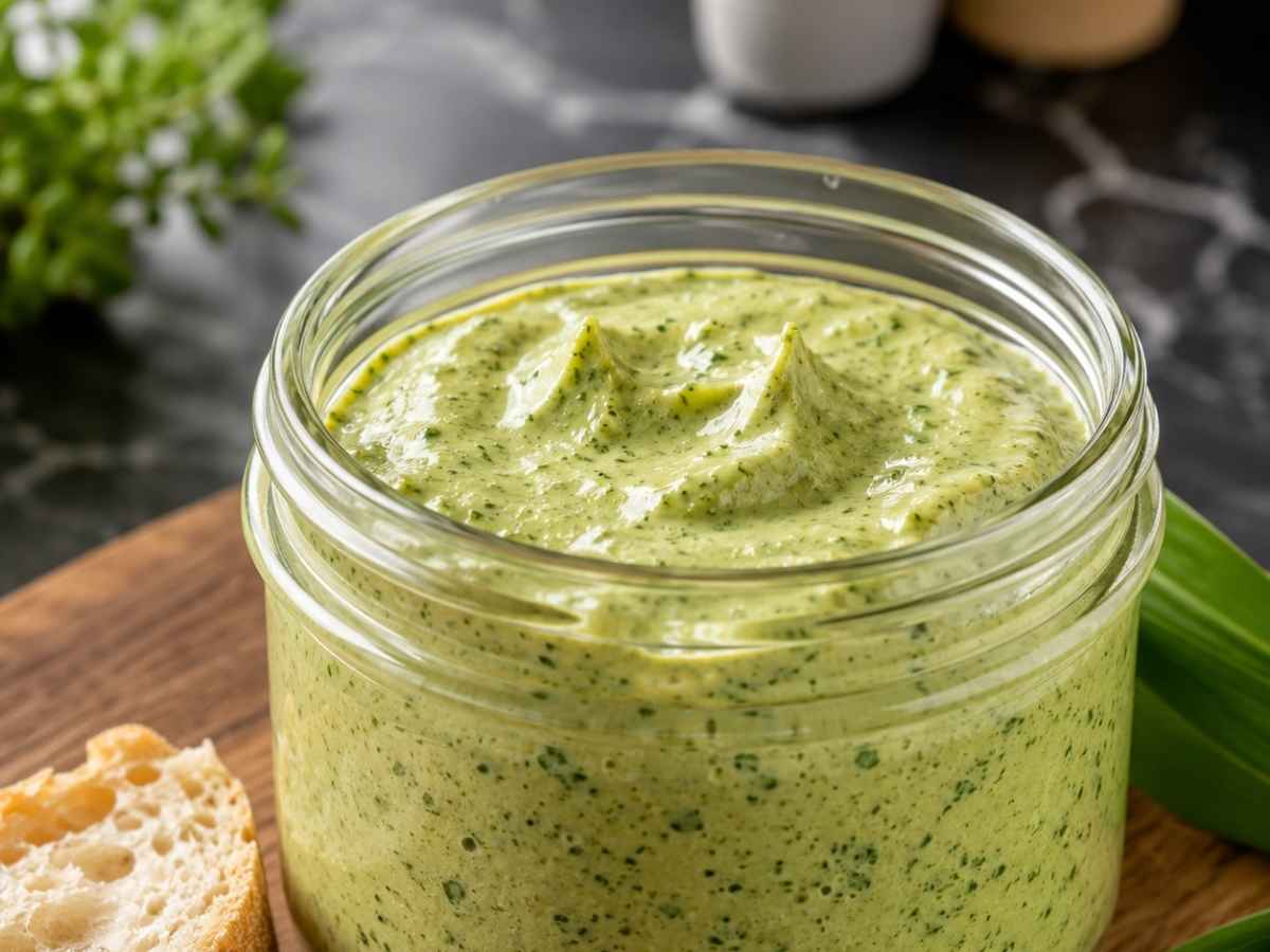 Nahaufnahme der cremigen, hellgelben Bärlauch-Zabaglione mit sichtbaren Bärlauchstückchen