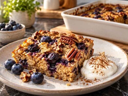 Baked Oats mit Heidelbeeren und Pecannüssen in einer Auflaufform, goldgelb gebacken mit Beeren und ganzen Nüssen obendrauf