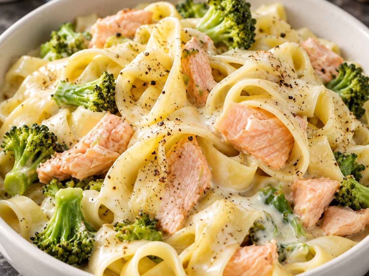 Nahaufnahme von Bandnudeln mit Brokkoli-Lachs-Sauce mit Lachswürfeln, grünen Brokkoliröschen und cremiger Sauce