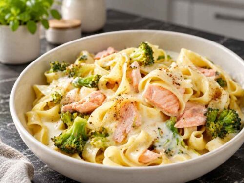 Bandnudeln mit Brokkoli-Lachs-Sauce in einer großen Schüssel auf dem gedeckten Familientisch