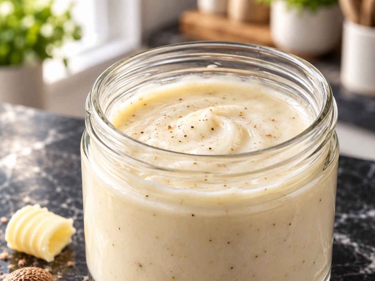 Nahaufnahme von cremiger, klumpenfreier Béchamel-Sauce