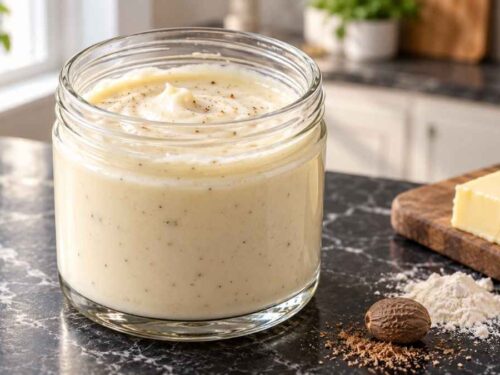 Cremige Béchamel-Sauce in einem Topf mit Schneebesen, frisch gekocht