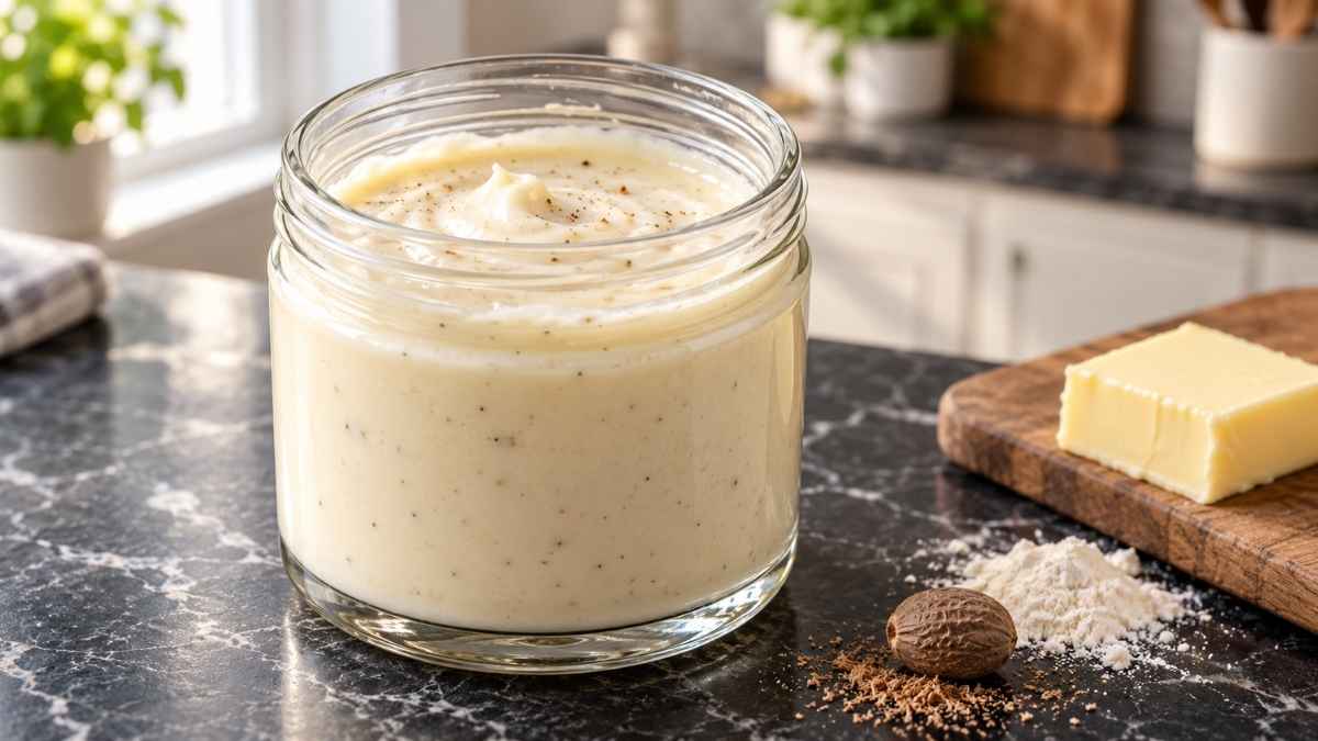 Cremige Béchamel-Sauce in einem Topf mit Schneebesen, frisch gekocht