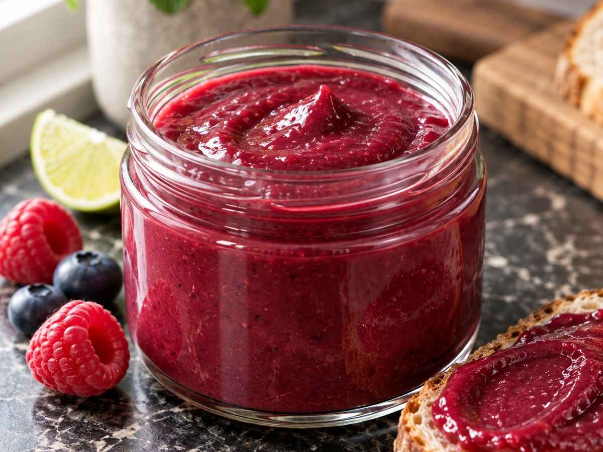 Nahaufnahme von cremigem Berry Curd auf einem Löffel
