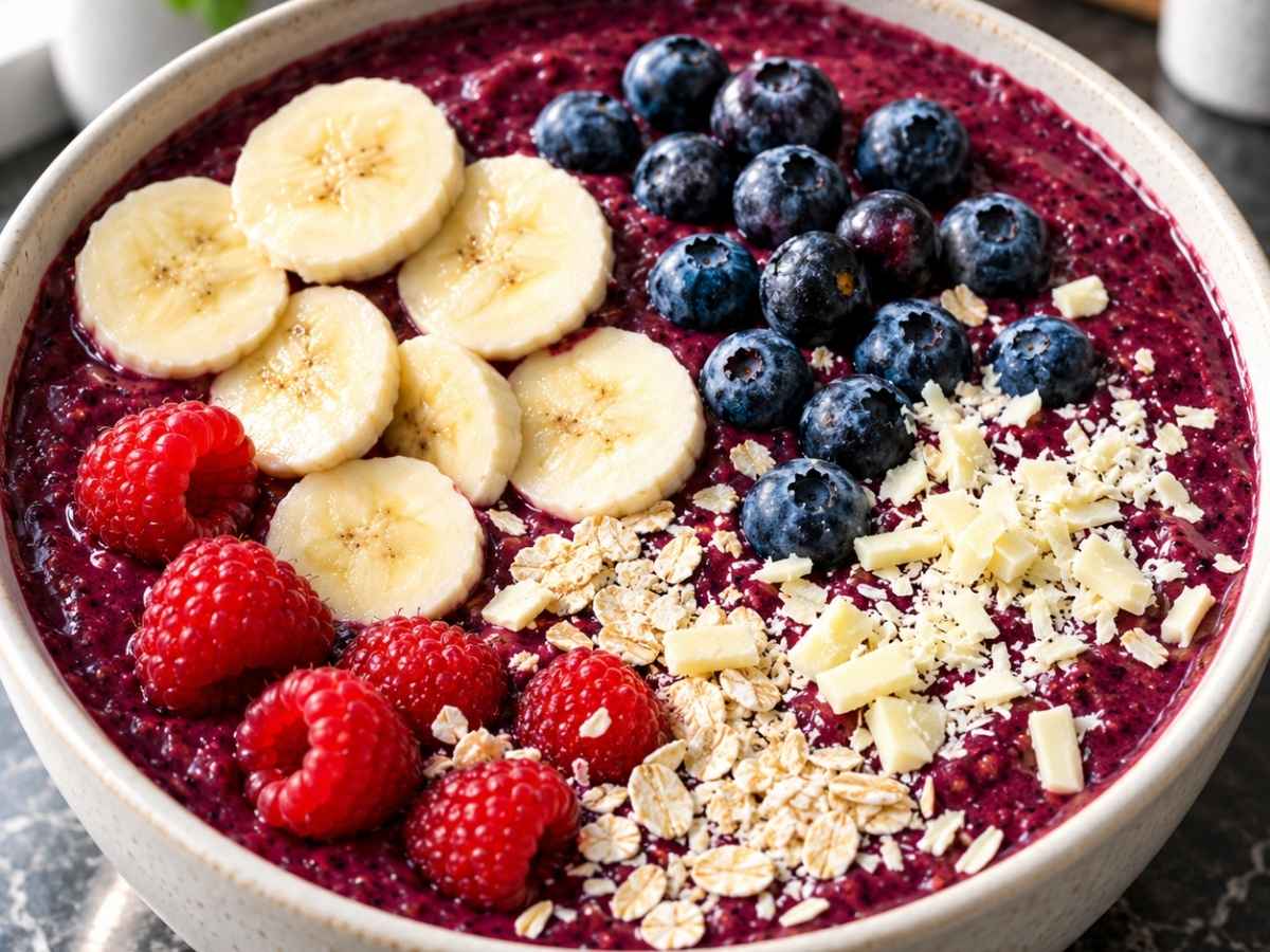 Nahaufnahme einer Blaubeer-Bananen-Bowl mit Himbeeren, Blaubeeren, Haferflocken und weißen Schokoladenraspeln
