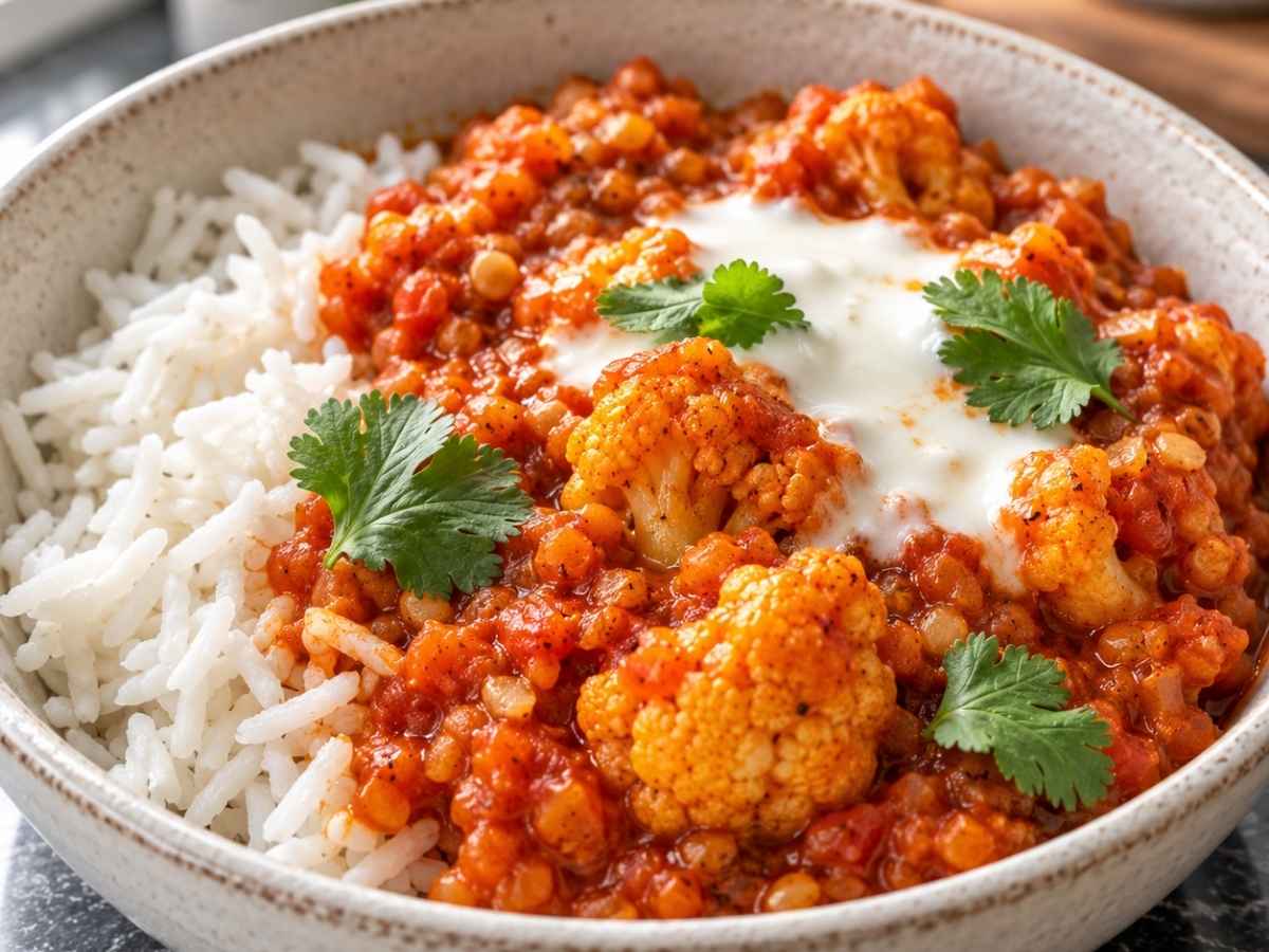 Nahaufnahme von Blumenkohl Tikka Masala mit cremiger Tomaten-Kokos-Soße, Blumenkohlröschen und einem Klecks Soja-Joghurt