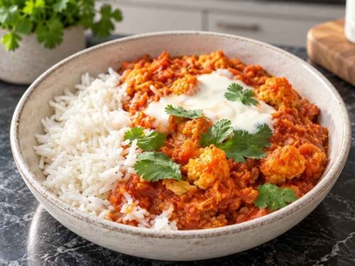 Blumenkohl Tikka Masala mit roten Linsen in einer Schüssel, dazu Basmati-Reis, Naan und frischer Koriander auf dem Küchentisch