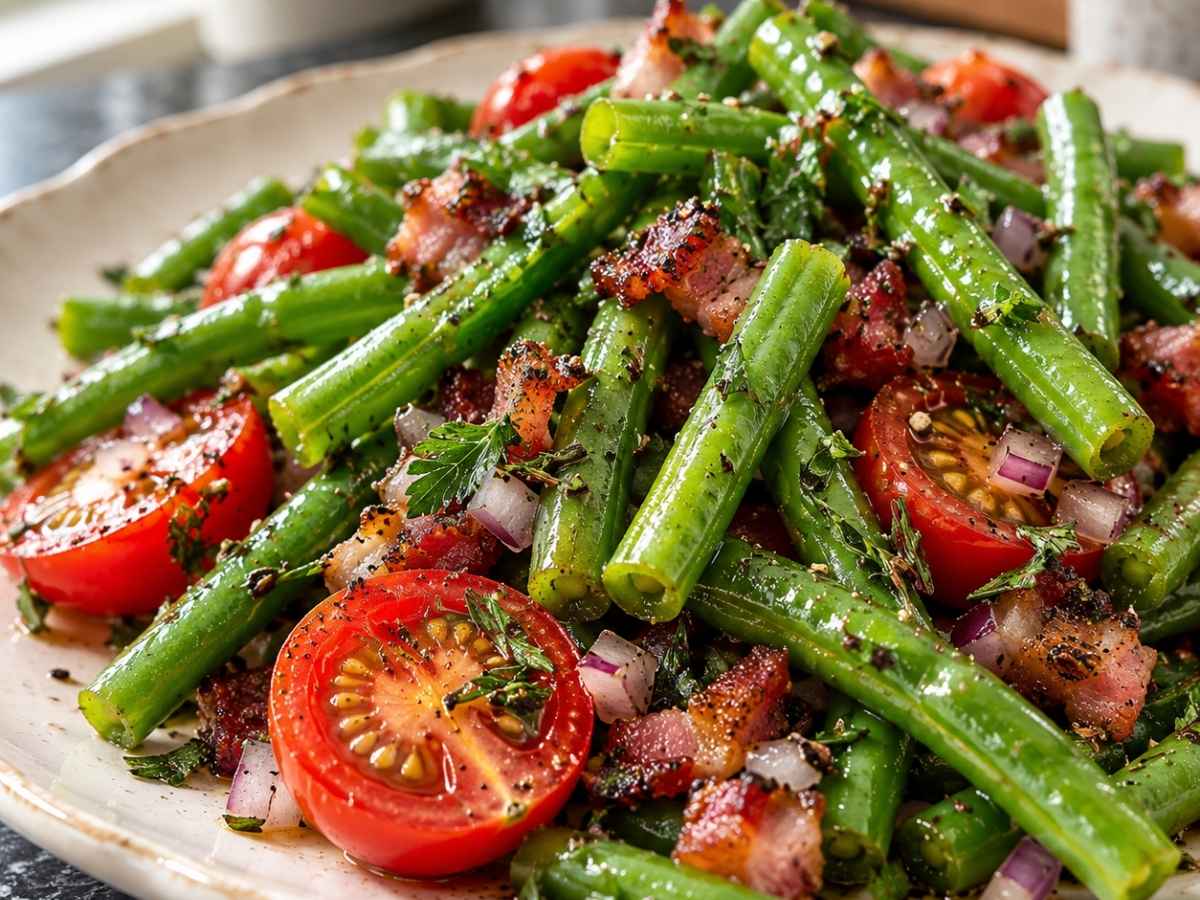 Nahaufnahme von Bohnen-Tomaten-Salat mit Speck mit knusprigen Speckwürfeln, roter Zwiebel und gehacktem Bohnenkraut
