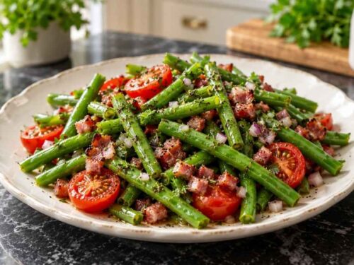 Bohnen-Tomaten-Salat mit Speck in einer großen Schüssel mit grünen Bohnen, halbierten Cherry-Tomaten und Speckwürfeln