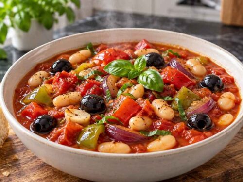 Bohneneintopf bretonische Art mit Paprika, weißen Bohnen und Oliven in einer Servierschüssel