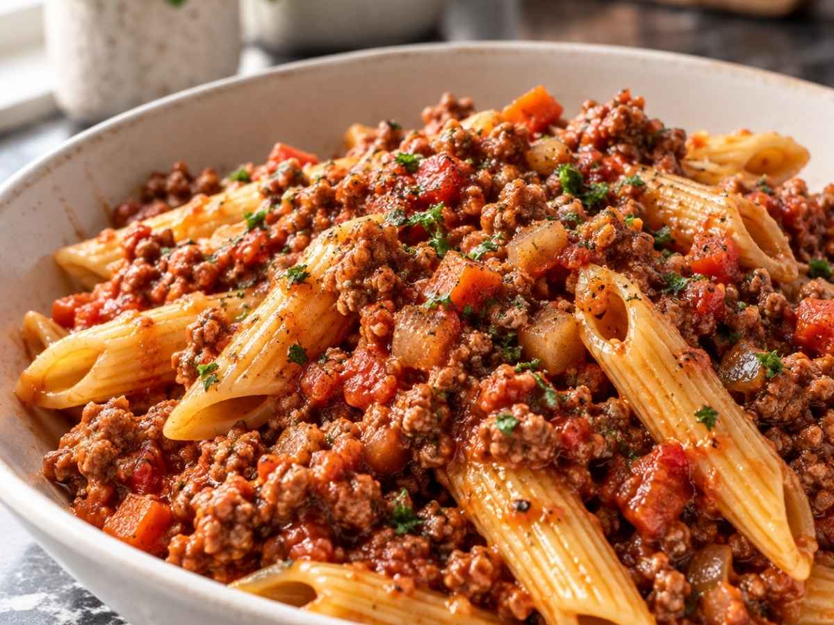 Nahaufnahme von Bolognesesauce auf Spaghetti mit krümeligem Hackfleisch und frisch geriebenem Parmesan