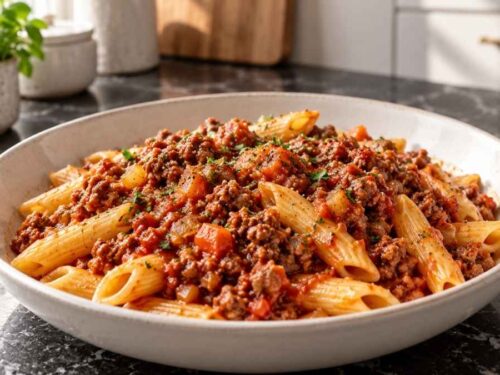 Bolognesesauce mit Gemüse im großen Topf, daneben Spaghetti, geriebener Parmesan und grüner Salat auf dem Tisch