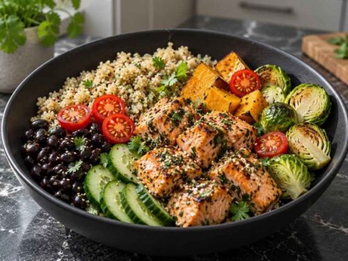 Bowl mit mariniertem Lachs, Quinoa, schwarzen Bohnen, Kürbis und Rosenkohl in vier Schalen