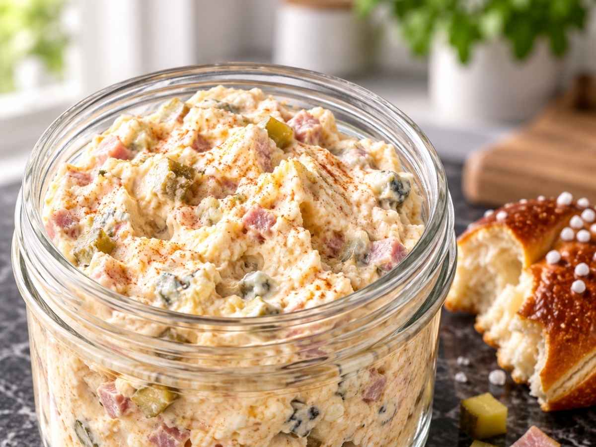 Nahaufnahme des cremigen Brezelaufstrichs mit sichtbaren Schinkenstückchen