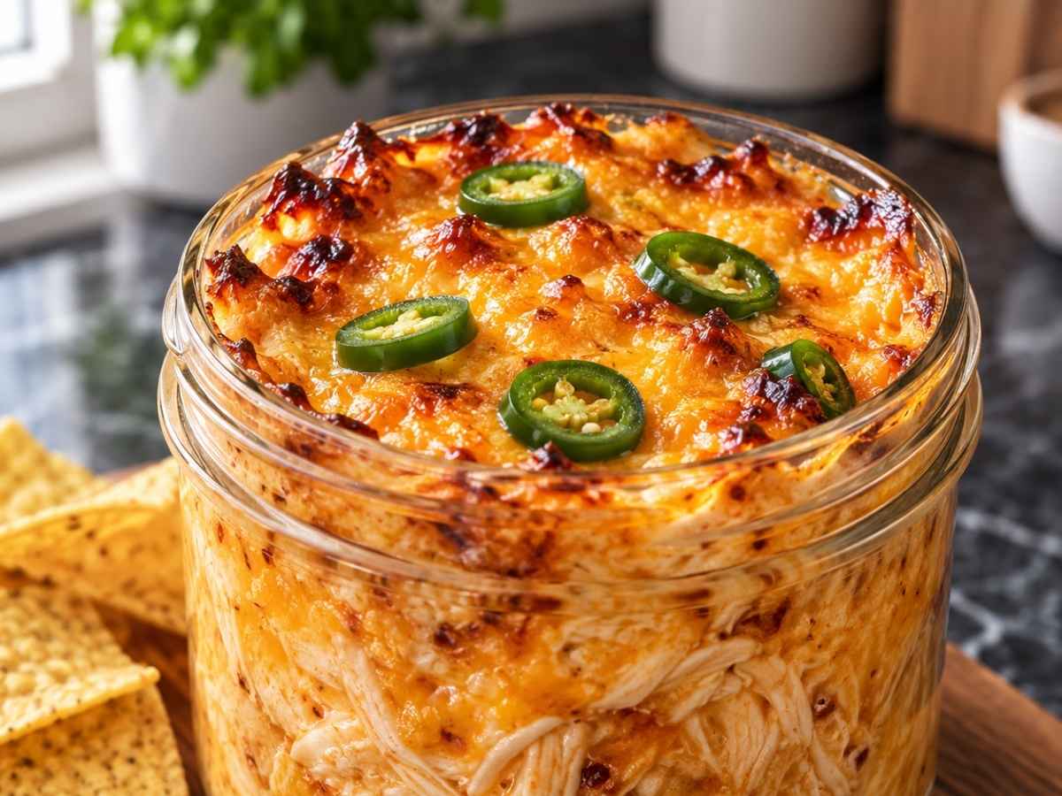 Buffalo Chicken Dip 2 Nahaufnahme von cremigem Buffalo Chicken Dip mit Jalapeño-Scheiben und Käsefäden