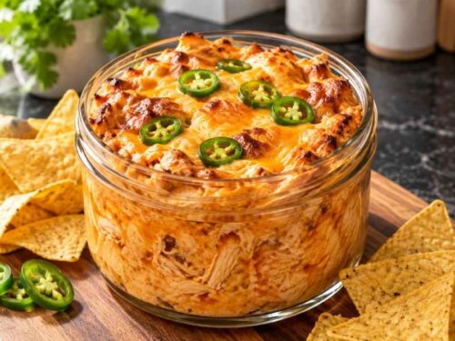 Buffalo Chicken Dip cremig und goldbraun gebacken in der Auflaufform