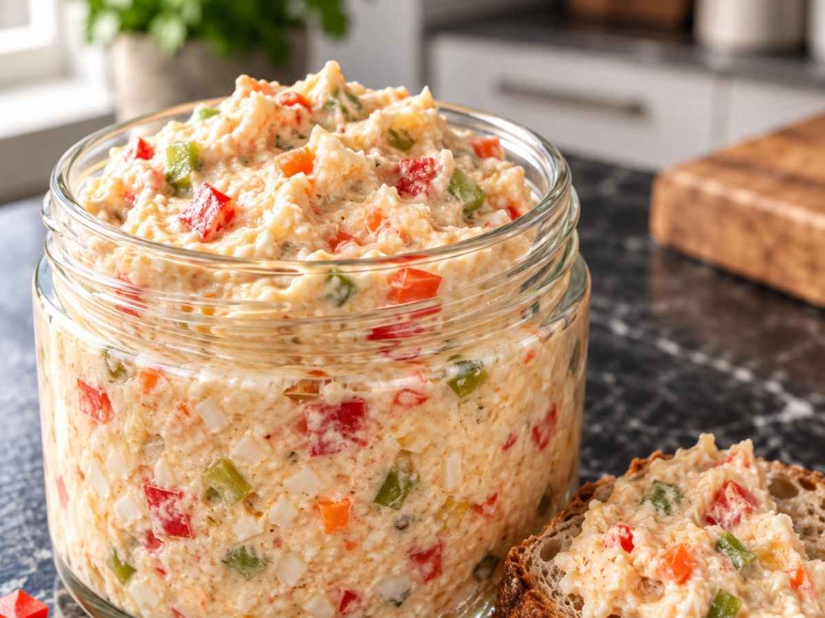 Nahaufnahme von Bunter Obatzter mit sichtbaren Paprika- und Möhrenstückchen