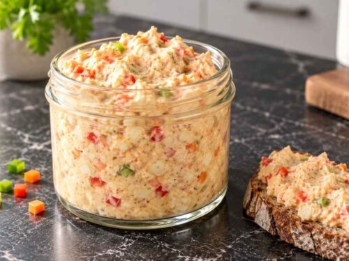 Bunter Obatzter cremiger Käse-Dip mit Paprika und Möhre in einer Schüssel