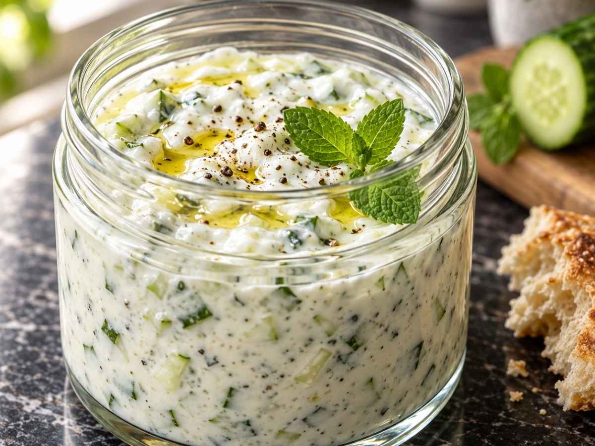 Nahaufnahme von Cacık mit fein gewürfelter Gurke, gehackter Minze und Olivenöl auf cremigem Joghurt
