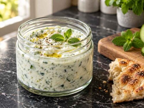 Cacık, türkischer Gurken-Joghurt-Dip in einer Schüssel mit Olivenöl und Minze, daneben Fladenbrot und Köfte