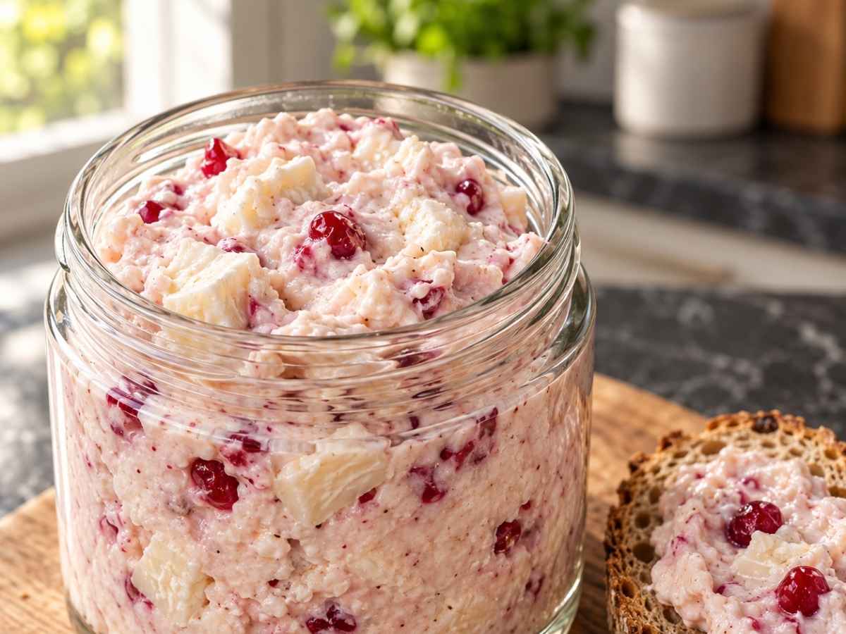 Nahaufnahme von cremigem Camembert-Preiselbeer-Aufstrich mit roten Preiselbeer-Streifen