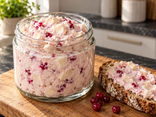 Camembert-Preiselbeer-Aufstrich in einer weißen Schale, umgeben von Baguettescheiben