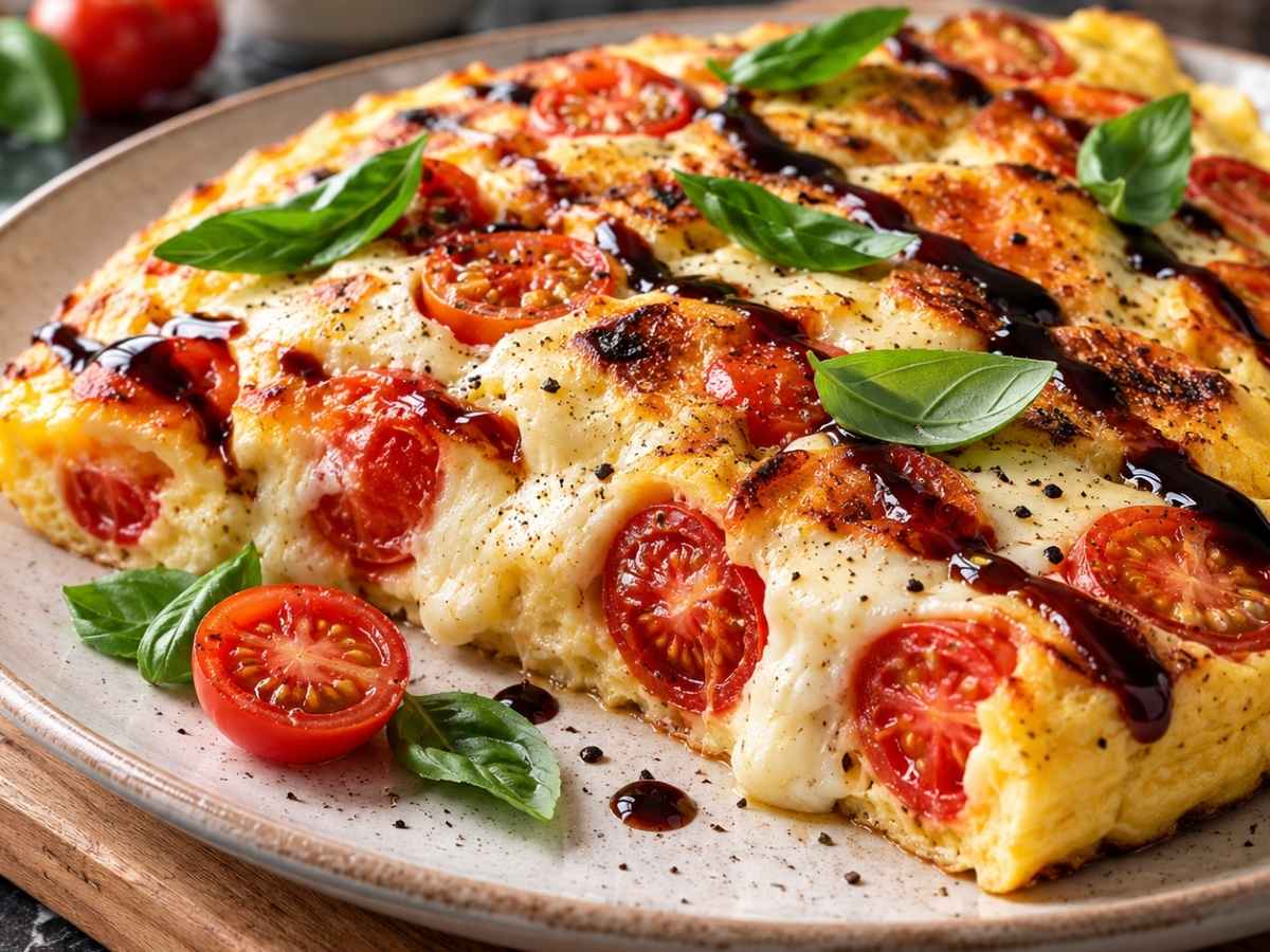 Caprese-Omelette 2 Nahaufnahme der Caprese-Omelette mit zerlaufenem Mozzarella und frischem Basilikum
