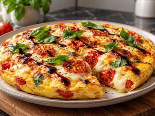 Caprese-Omelette mit Tomaten, Mozzarella und Basilikum auf dem Frühstückstisch