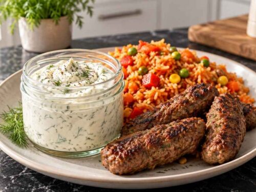 Cevapcici mit Djuvec-Reis und Dill-Dip Cevapcici mit Djuvec-Reis und Dill-Dip, angerichtet auf einem Teller