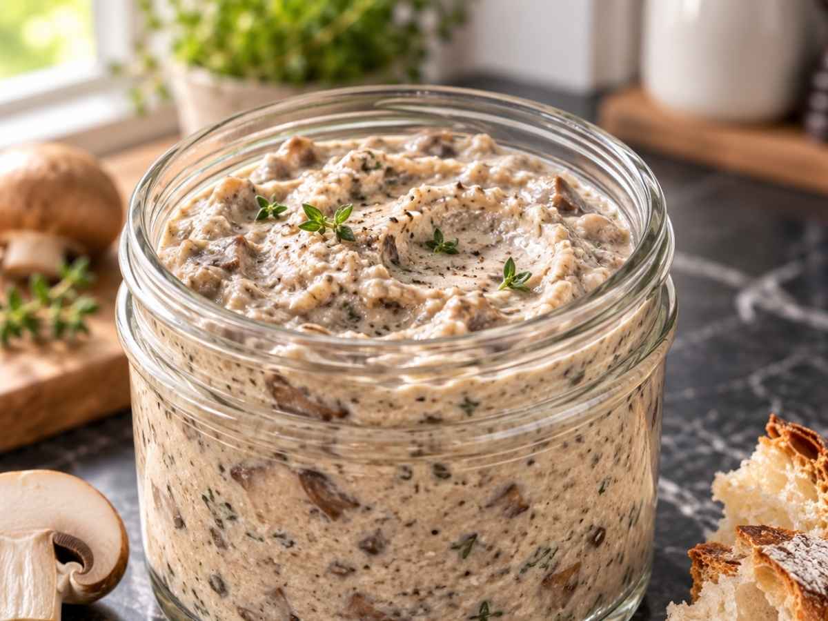 Nahaufnahme von cremigem Champignon-Quark-Aufstrich mit sichtbaren Champignonstückchen und Thymian