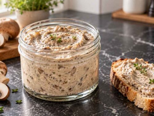 Cremiger Champignon-Quark-Aufstrich in einer Schüssel neben frischem Baguette