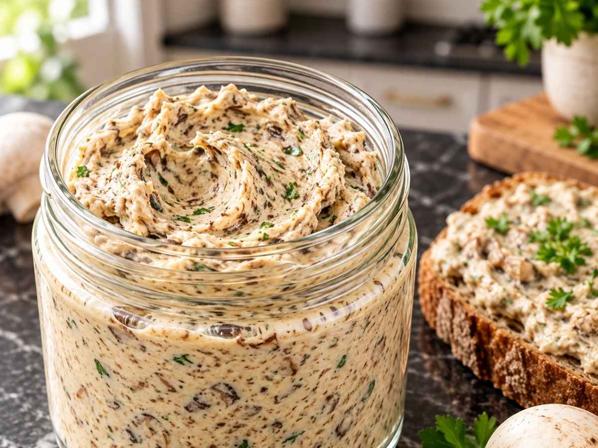 Nahaufnahme der cremigen Champignoncreme mit gehackter Petersilie
