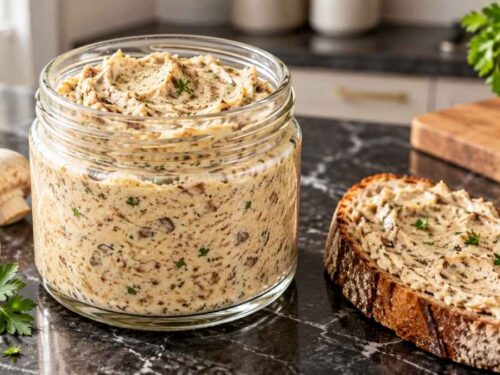 Cremige Champignoncreme, gestrichen auf einer Scheibe Roggenbrot